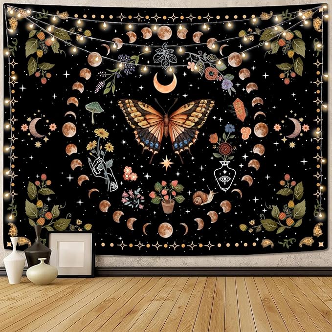 Aipon Yellow Butterfly Moon Flower Tapestry Botanical Floral Plant Boho Tapestry for Bedroom Aesthetic Vintage Tapestries Wall Hanging for Living Room Dorm (36.00'' × 48.00'', Yellow)-Ruum Studio Home