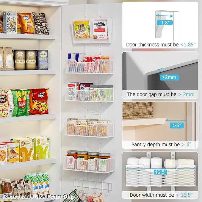 Adjustable Over The Door Organizer, Hanging Door Storage with PVC Pocket and 4 Metal Baskets Wall Mount, Closet Door Organizer Behind Door Rack for Bathroom Bedroom Closet, White-Ruum Studio Home