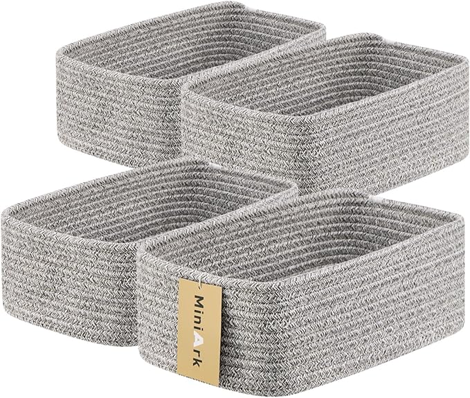 Small Storage Baskets for Organizing | Closet Organizer Bins | Shelf Toy Basket | Woven Rope Baskets | Cube Decorative Box | Shallow Basket | 11.5x7.5x4.7” | 4 Packs Mixed Grey-Ruum Studio Home