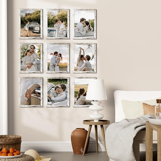 Vittanly 9x12 Picture Frames Set of 9, Shatter Resistant Plexiglass, Display 6x8 Pictures with Mat or 9x12 without Mat, Photo Frames for Wall or Tabletop, Engineered Wood, Distressed White-Ruum Studio Home