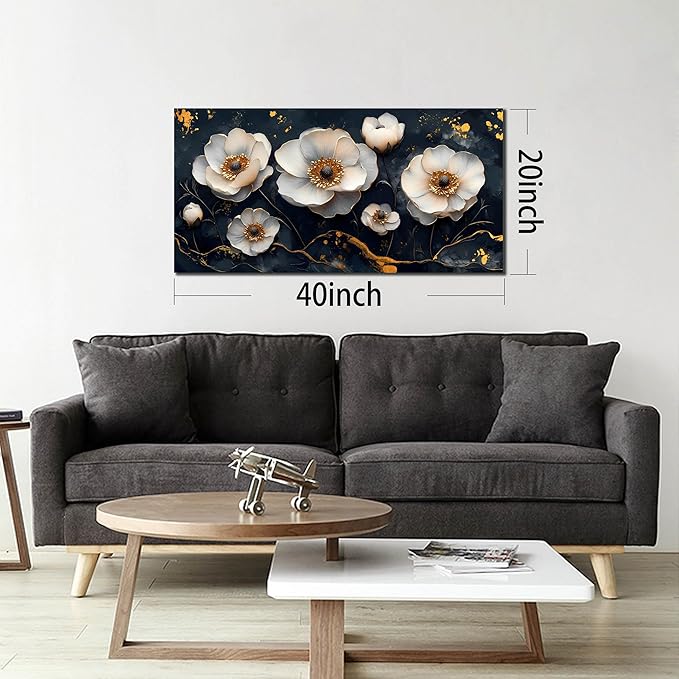 White Flower Wall Canvas Art for Bedroom - Black and White Wall Art for Living Room - Home Office Decor Wall Size 20" x 40"-Ruum Studio Home
