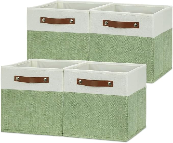HNZIGE Fabric 11x11 Cube Storage Bins, Set of 4, Foldable Storage Cube Bin Baskets for Shelves with Handles, Bins for Cube Organizer Home Toy Nursery Closet(Green White)-Ruum Studio Home