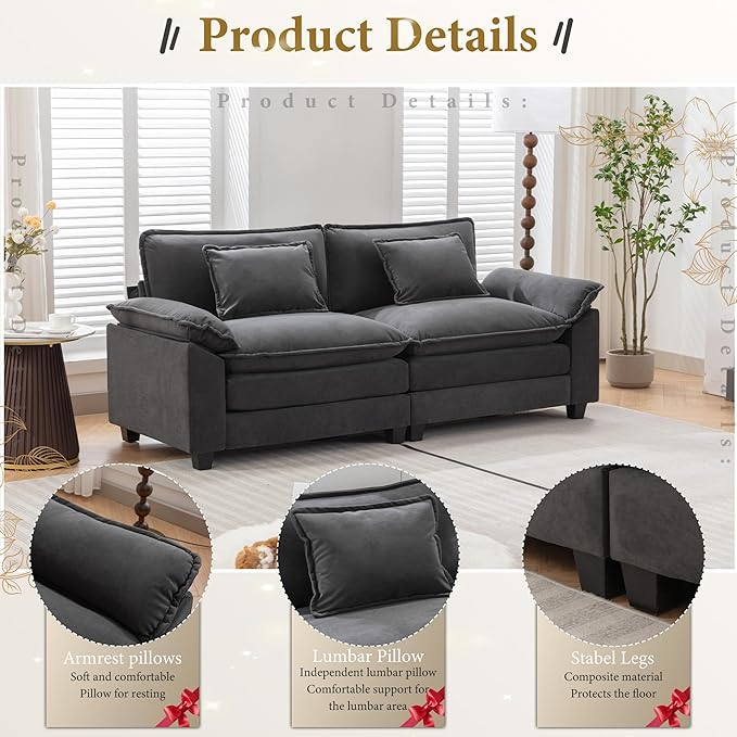 URRED Modular Sectional Sofa Comfy Cloud Couch, Modern Velvet Sofa Sleeper Deep Seat Couches with Ottoman/Pillows for Living Room (Dark Gray, 82.6'')-Ruum Studio Home