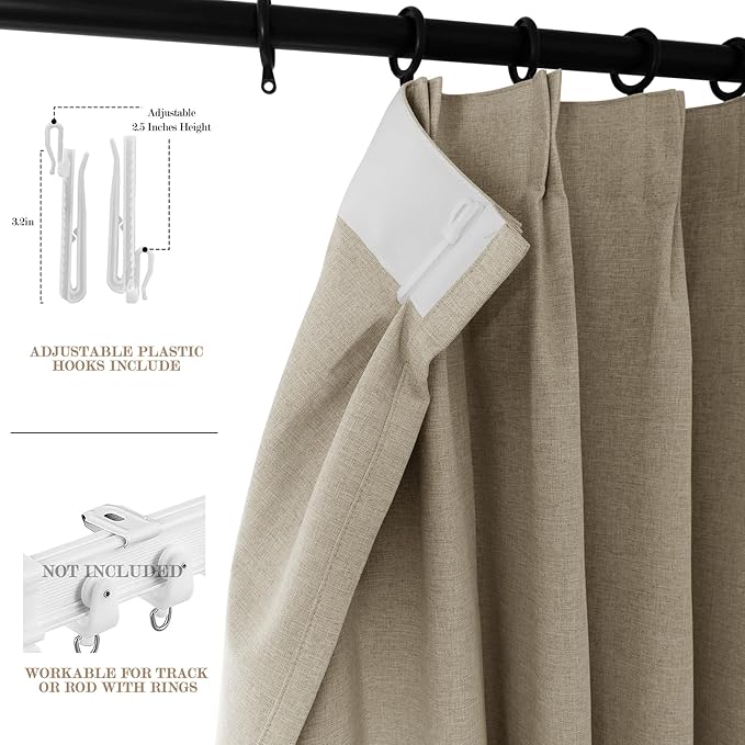 Full Blackout Privacy Curtains, 240 Inch Extra Wide Linen Blend Drapes, Pinch Pleat Window Drapery for Room Divider Storage/Space Room Separation, 1 Panel, W 240" x L 108", Light Khaki-Ruum Studio Home