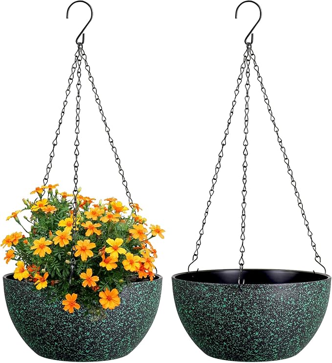 10 inch Hanging Planters for Indoor Outdoor Plants, 2 Pack Hanging Flower Pots with Drainage Holes and Chain for Garden, Plastic Hanging Baskets for House Plants, Black with Green Speckles-Ruum Studio Home