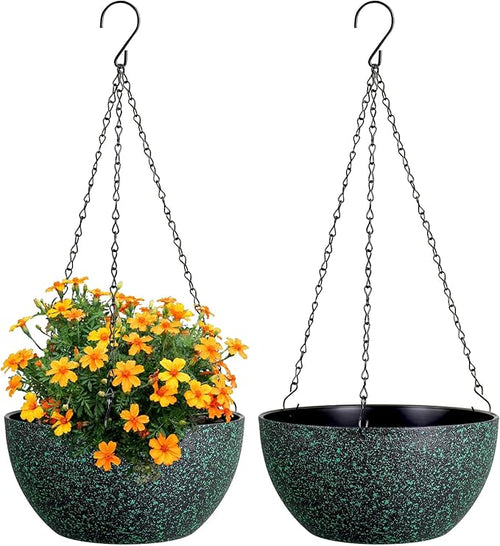 10 inch Hanging Planters for Indoor Outdoor Plants, 2 Pack Hanging Flower Pots with Drainage Holes and Chain for Garden, Plastic Hanging Baskets for House Plants, Black with Green Speckles-Ruum Studio Home