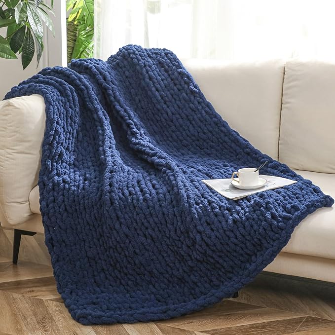 WESHIONGOO Chunky Knit Blanket Throw 50"×60" Knitted Throw Blankets for Couch Bed Fluffy Soft Blanket with Jumbo Chenille Yarn Thick 100% Handmade (Navy Blue)-Ruum Studio Home