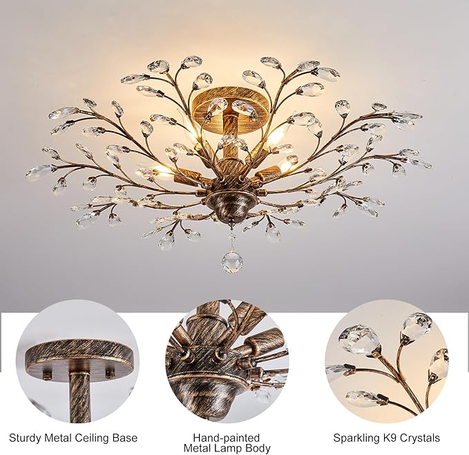 Ganeed Vintage Crystal Chandelier, Modern Bronze Branches Ceiling Light Fixture with 5-Light Heads for Farmhouse Living Room Dinning Room Kitchen Over Table Hallway-Ruum Studio Home