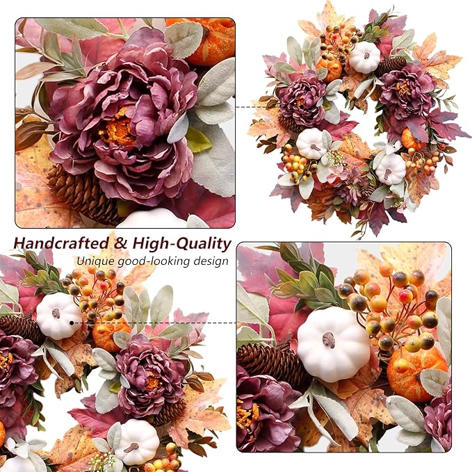 20Inch Fall Wreaths for Front Door,Fall Wreath,Fall Decorations for Home,Autumn Wreaths with White Pumpkins Peony Pine Cones, Fall Door Wreath for Thanksgiving Halloween Indoor Outdoor Decor-Ruum Studio Home