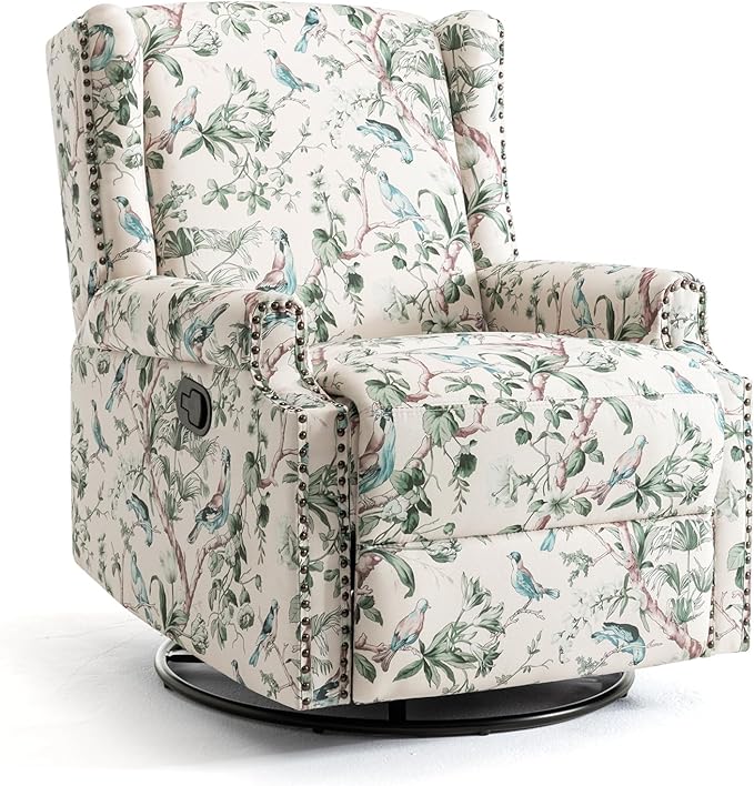 UIXE Swivel Rocker Manual Recliner Chair, Wingback Swivel Glider Fabric Nursery Reclining Sofa Chair, High Back Upholstered Arm Chair for Living Room Bedroom - Bird Pattern-Ruum Studio Home