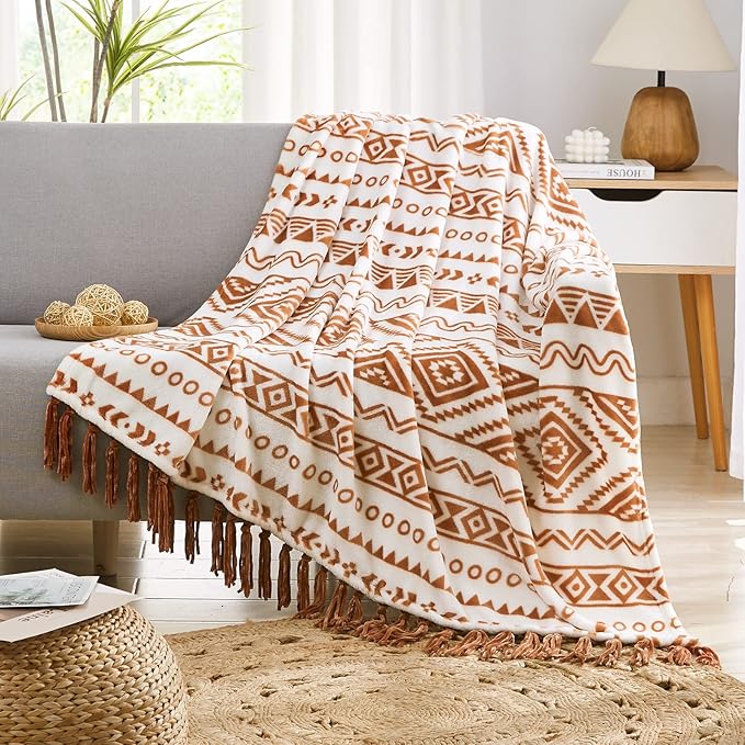 CASAAGUSTO Boho Throw Blanket - Terrcotta Decorative Blankets with Tassel, Printed Flannel Bohemian Blanket for Chair, Bed, Sofa, Couch(50 * 60, Terrcotta)-Ruum Studio Home