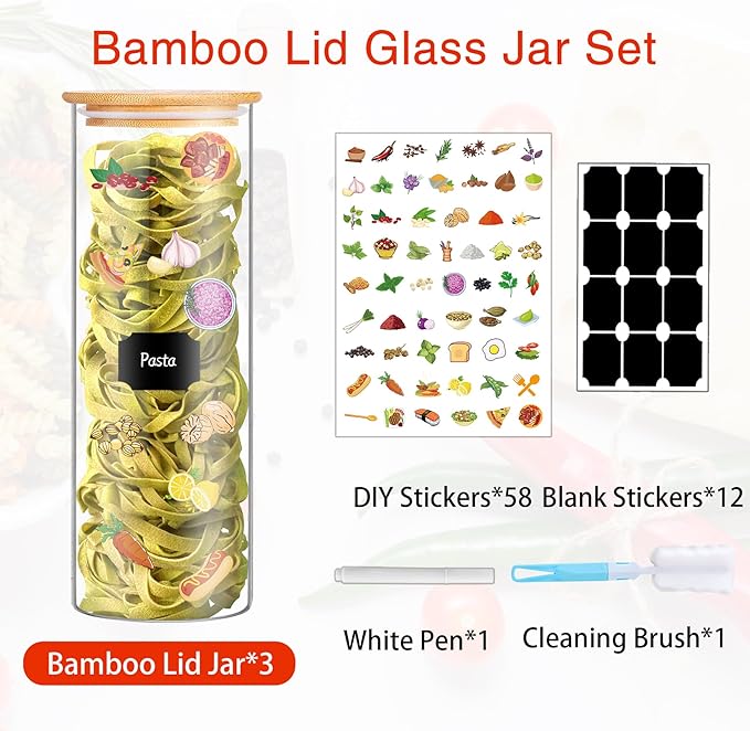 Glass Jars with Bamboo Lids, 72oz 3Pcs Kitchen Glass Containers with Bamboo Lids, Airtight Glass Pantry Storage Containers with Lids for Spaghetti, Pasta, Rice, Nuts, Flour, Bean, Dry Foods-Ruum Studio Home