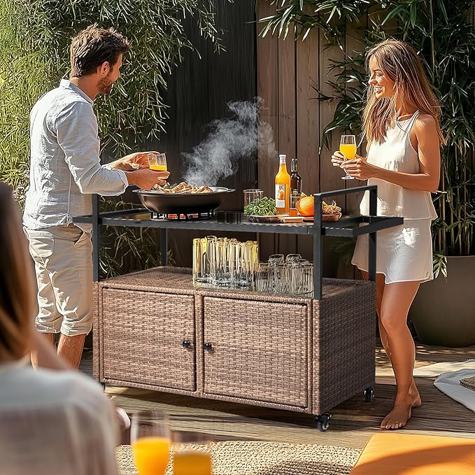 VINGLI Wicker Outdoor Bar Cart with Storage and Wheels, Outdoor Bar Table Serving Cart Rattan Bar Cart with Glass Top and Shelf for Pool, Party, Backyard, Porch (Brown)-Ruum Studio Home