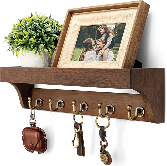 Rebee Vision Farmhouse Key Holder for Wall - Decorative Wooden Mail Organizer with 5 Rustic Key Hooks and Floating Shelf for Home Decor, Hallway, Entryway, Appartment (Retro Brown)-Ruum Studio Home
