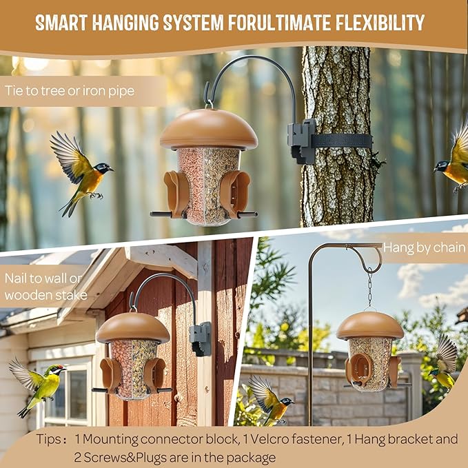 LONA Bird Feeders for Outdoors Hanging – 3 Separate Compartments, 3 Feeding Ports, Weatherproof Dome & 3 Ways to Hang, Large Capacity for Cardinals/Finches (Brown-Ruum Studio Home