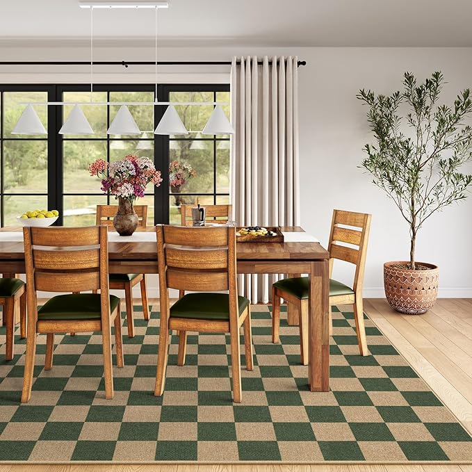 Lahome Checkered Easy Jute Dining Room Rug, 5x7 Indoor Outdoor Rugs for Patio Living Room, Neutral Checkerboard Non Slip Low Pile Green Carpet for Bedroom Office Backyard-Ruum Studio Home