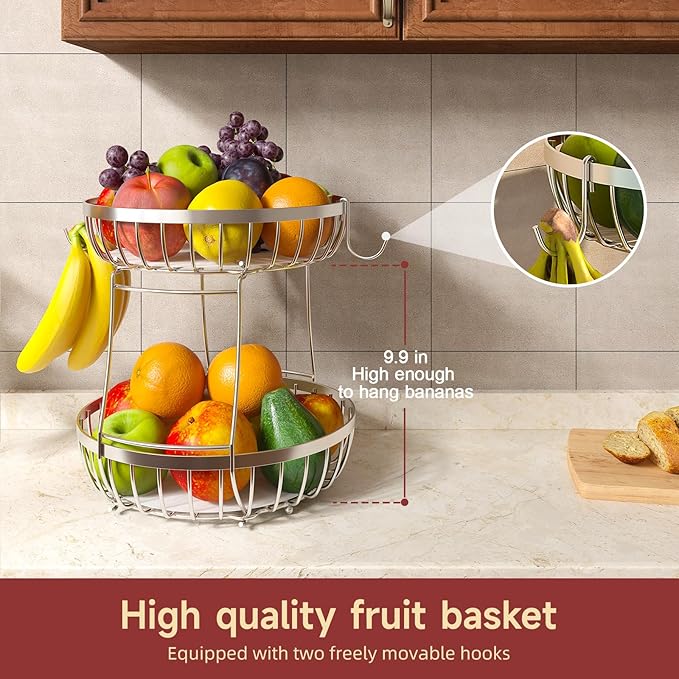 2 Tier Fruit Basket for Kitchen Counter with 2 Banana Hangers, Metal Stackable Fruit Bowl for Kitchen Counter for Bread Vegetable Fruits, Silvery-Ruum Studio Home