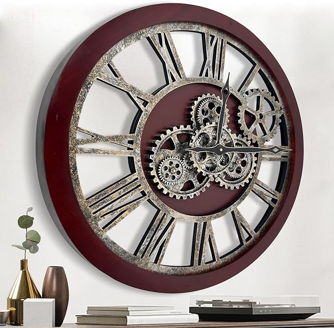 The B-Style Large Wall Clock 24 inch Moving Gear Wall Clock Oversized Vintage Farmhouse Wall Clocks for Living Room Decor Rustic Industrial Wood Clock (Walunt Wood and Bronze)-Ruum Studio Home