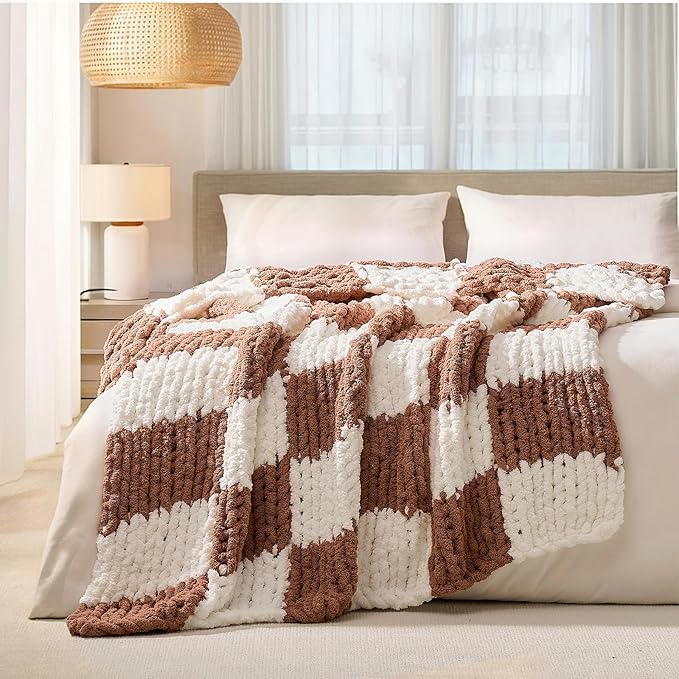 L'AGRATY Chunky Knit Blanket Throw: 60''x80'' Chenille Chunky Knitted Throw Blankets for Twin Bed Couch - Handmade Thick Cable Knit Blanket - Large Crochet Blankets for Home Decor(Brown Checkered)-Ruum Studio Home