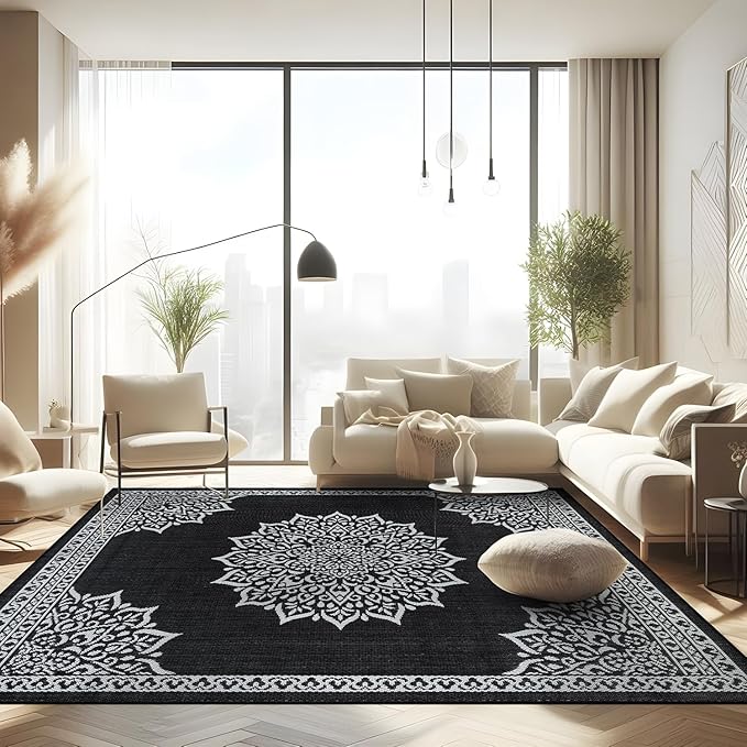 CAMILSON Outdoor Rug, 9x12 Medallion Black White Modern Area Rugs for Large Indoor and Outdoor Patios, Kitchen and Hallway Mats, Washable Porch Deck Outside Carpet (Medallion Black, 9 x 12)-Ruum Studio Home