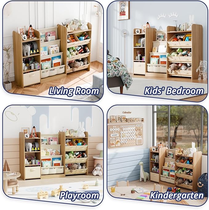 Kids Toy Book Storage Organizer - Large Bookshelf with 7 Removable Bins, Baby Bookshelf and Toy Storage, 4-Tier Book Shelf for Kids Room, Playroom, Classroom, 51 inch, Burlywood-Ruum Studio Home