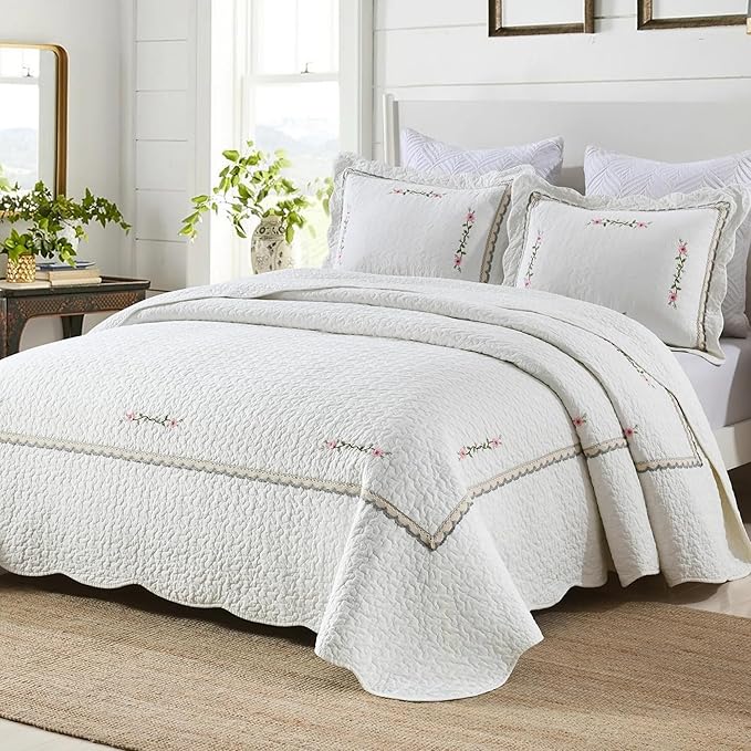 MarCielo 3-Piece 100% Cotton Oversized Bedspread Lightweight Quilt Coverlet Embroidery Farmhouse Bedding Set (Sakura White, Oversized King (118"x106"))-Ruum Studio Home