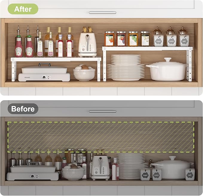 Expandable Cabinet Organizer Shelf With Adjustable Height, Stackable Kitchen Countertop Organizer Rack, Adjustable Shelf Riser For Kitchen Counter, Pantry, Cupboard, Desk, Tabletop-Ruum Studio Home