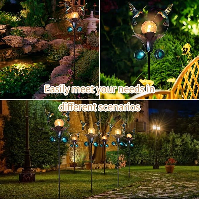VCUTEKA Solar Lights Outdoor Metal Garden Stake Waterproof Crackle Glass Globe Garden Decor Hummingbird for Pathway, Lawn, Patio, Yard-Ruum Studio Home