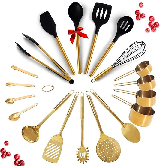 Black and Gold Kitchen Utensils Set - 19-PC Set Includes Stainless Steel and Silicone Cooking Utensils, Measuring Cups and Spoons - Black and Gold Kitchen Accessories for Stylish Cooking & Serving-Ruum Studio Home
