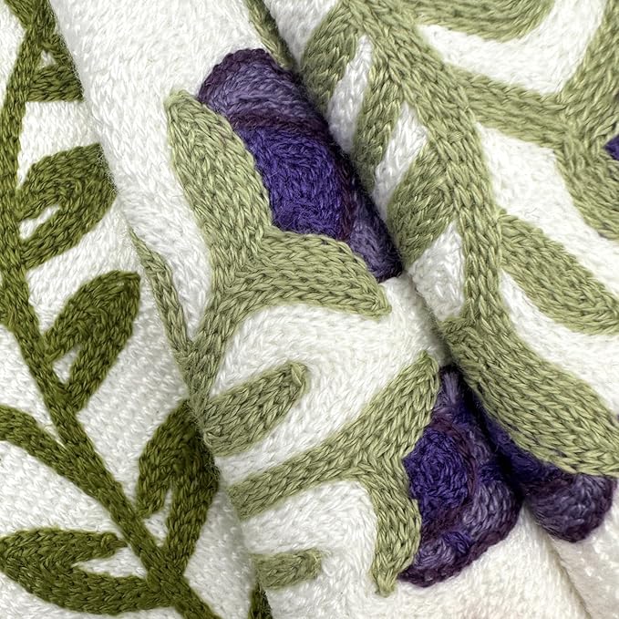 Alysheer Floral Embroidered Spring Decorative Throw Pillow Cover 18"x 18", Farmhouse Cottage Purple Flowers Green Leaves Knit Pattern Cotton Canvas Cushion Case for Sofa Couch Bed Living Room Decor-Ruum Studio Home