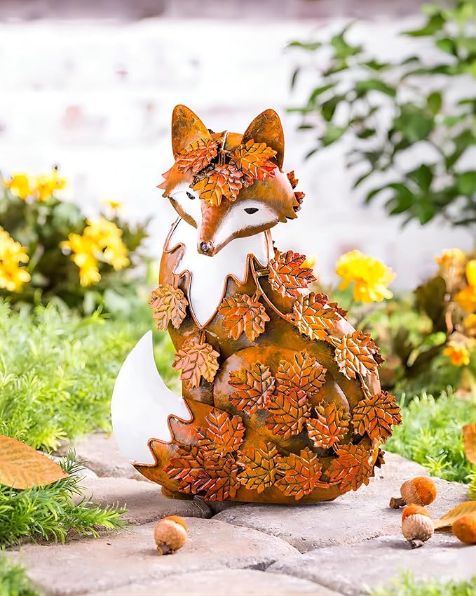 Elenon Metal Fox Statue Art Garden Decoration, Handcrafted Standing Fox Ornament Decor with Fall Leaves, Mid Century Fox Figurine Outdoor Decor for Patios, Lawns, Flower Bed-Ruum Studio Home