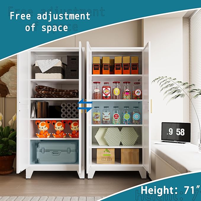 71'' Farmhouse Metal Storage Cabinet with Barn Doors,Steel File Cabinet for Home Office,Kitchen Pantry 4 Adjustable Shelves,Freestanding Cupboard for Kitchen,for Home Office,School (White)-Ruum Studio Home