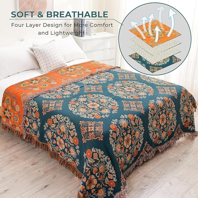 Throw Blanket for Couch Bed Chair,100% Cotton Soft Lightweight Blanket Rustic Quilt -Orange Floral Printed Farmhouse Decor Bed All Season Blankets,80"×90"-Ruum Studio Home