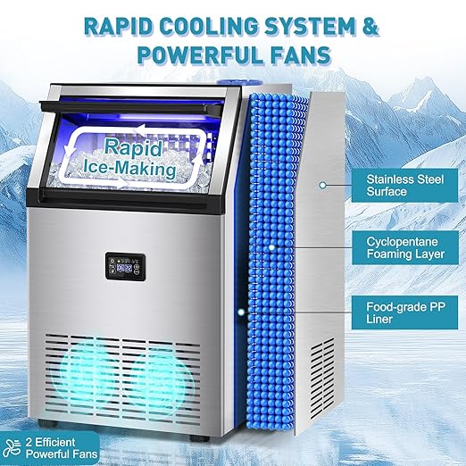 Commercial Ice Maker Machine, 175Lbs/24H with 45Lbs Storage, 55Pcs Clear Ice Cubes in 8-15Mins, Freestanding Stainless Steel Ice Machine for Home, Bar, Party, Office - Fast Ice Making & Easy to Clean-Ruum Studio Home