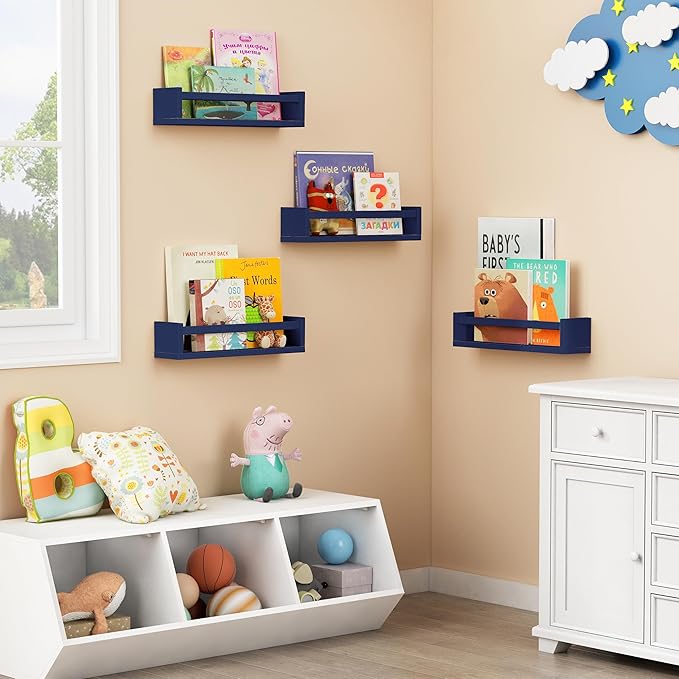 Forbena Navy Blue Floating Book Shelves for Nursery Boy, Decorative Wall Bookshelf for Kids Room, Small Wood Floating Shelves Wall Mounted for Boys Bedroom Bathroom (Set of 4, Blue)-Ruum Studio Home