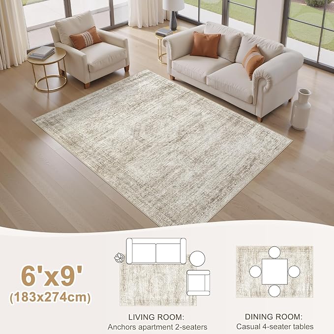 Washable Area Rugs for Living Room -6x9 Neutral Vintage Distressed Floral Farmhouse Boho Large Soft Floor Rug Indoor Non Slip Carpet for Living Room Bedroom Dining Room Office-Beige-Ruum Studio Home