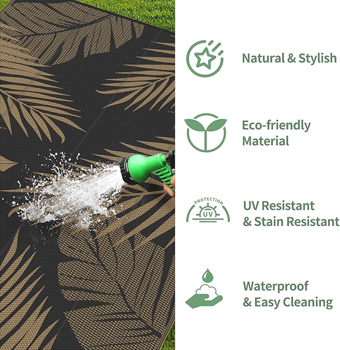 GENIMO Outdoor Rug 8' x 10' Waterproof for Patios Clearance, Reversible Outdoor Plastic Straw Camping Rug Carpet, Large Area Rugs Mats for RV, Camper, Deck, Balcony, Porch, Beach, Picnic, Black&Brown-Ruum Studio Home