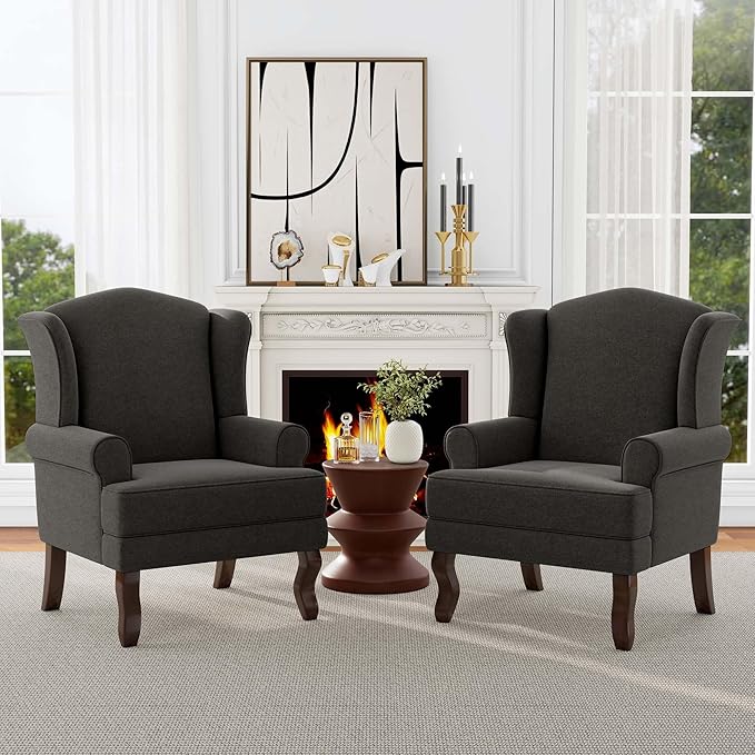 Accent Chair, High Back Upholstered Armchair with High Resilience Sponge & Wood Legs, Mid-Century Modern Comfy Single Sofa Reading Chairs for Living Room, Bedroom (Dark Grey, Set of 2)-Ruum Studio Home