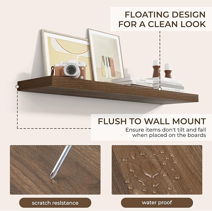 RICHFOCUS 48Inch Floating Shelves for Wall 1 Pack Shelves for Bedroom|Kitchen|Bathroom Wall Mounted Rustic Wood Floating Shelf with Invisible Brackets for Books|Storage|Decor, Walnut-Ruum Studio Home