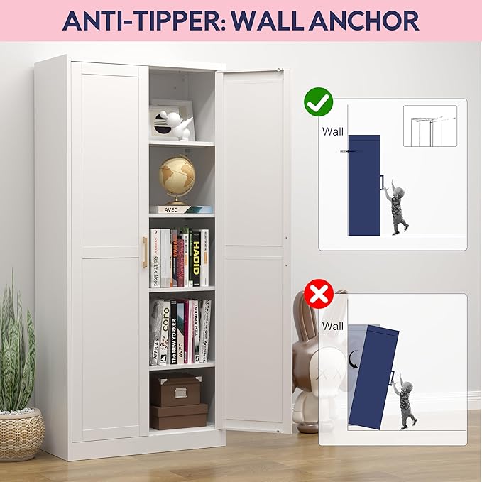 71" Storage Cabinet, Metal Pantry Cabinet, Kitchen Pantry Storage Cabinets with Doors and 4 Shelves, Cabinets for Laundry Room, Living Room, Dinning Room, Assembly Required, White-Ruum Studio Home