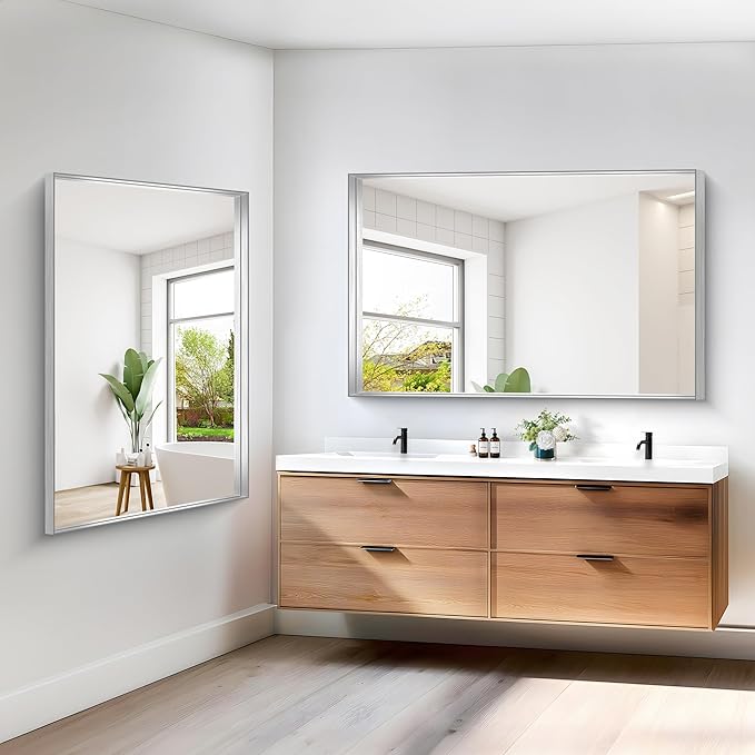 Silver Bathroom Mirror, 36x55 Inch Rectangular Deep Frame Mirror, Large Wall Mounted Bathroom Vanity Mirror Over Sink for Bedroom,Restroom, Living Room, Hangs Vertically or Horizontally-Ruum Studio Home