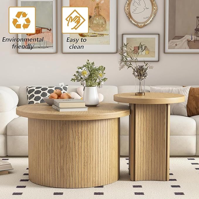 Set of 2 Nesting Coffee Tables Farmhouse,Round Coffee Table Living Room,Wood Finish Coffee Table Set, Small Coffee Tables, Sofa Side Living Room Bedroom Coffee Side Table (Large Size - Set)-Ruum Studio Home