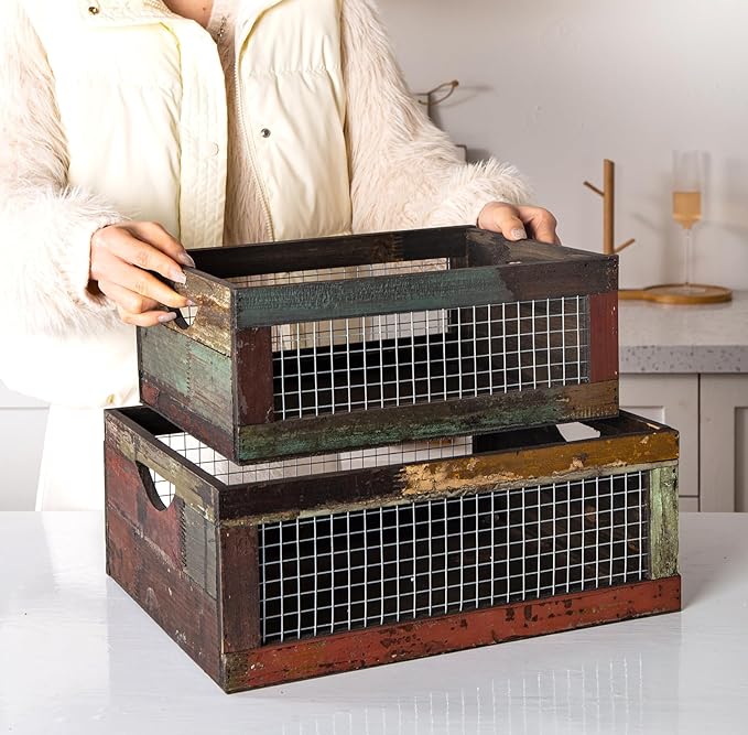 TIMRIS Set of 3 Rustic Wood Nesting Crates, Farmhouse Distressed Wooden Storage Boxes, Decorative Reclaimed Wood Organizer Baskets with Wire Mesh (Random)-Ruum Studio Home