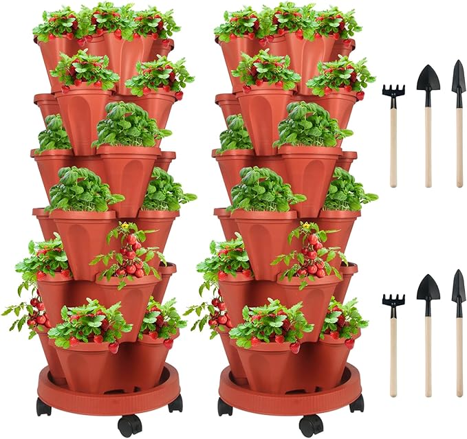 Vertical Planter 6 Tier Stackable Planters Garden Planters Strawberry Herb Flower and Vegetable Planter Indoor Outdoor Gardening Pots with Removable Wheels and Tools 2-Pack-Ruum Studio Home
