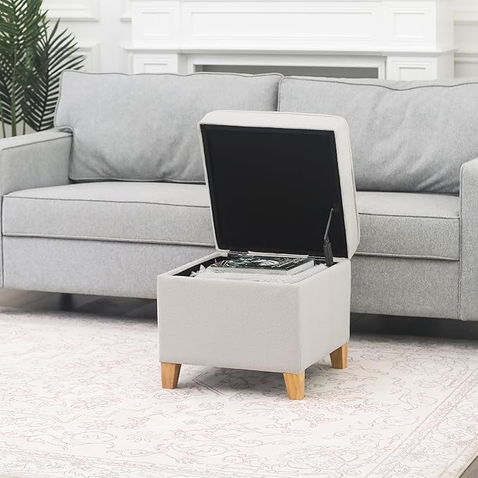 Adeco 17.5" Square Fabric Ottoman with Storage - Upholstered Cotton Linen Foot Rest - Flip Top Footstool with Sturdy Wood Legs, Small Cube Coffee Table Extra Seat for Living Room, Bedroom, White-Ruum Studio Home