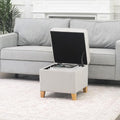 Adeco 17.5" Square Fabric Ottoman with Storage - Upholstered Cotton Linen Foot Rest - Flip Top Footstool with Sturdy Wood Legs, Small Cube Coffee Table Extra Seat for Living Room, Bedroom, White-Ruum Studio Home