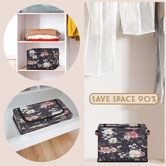Rectangular Storage Baskets for Shelves - Waterproof Foldable Laundry Basket, Nursery Hamper, Reusable Toy Bin for Organizing Toys, Books, Clothes, Closet 14"x10.2" x10.4" (Flowers)-Ruum Studio Home