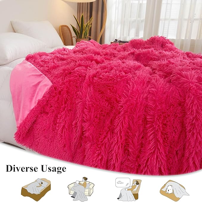 XeGe Luxury Faux Fur Throw, Hot Pink Soft 50x60 Fluffy Blanket, Shaggy Plush Decorative Couch Throw, Cute Furry Fuzzy Office Lap Blanket for Bed Bedroom Living Room, Hot Pink-Ruum Studio Home