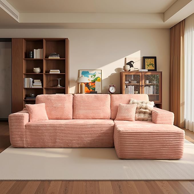 ovios 104" Cloud Sectional Couch with L-Shape Chaise,Modern Modular Sofa with Deep Seat, Upholstered Couches for Living Room Bedroom,No Assembly Required, Pink (Plush Corduroy Fabric)-Ruum Studio Home