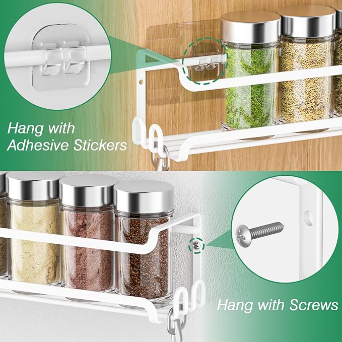 LUCYCAZ 8 Pack Wall Mounted Spice Rack with 16 Hooks, Spice Organizer Shelf for Stove Cabinet Pantry Door,Screw or Adhesive Spice Shelf Hanging Wall Spice Rack in Kitchen and RV (White, 8 PACK)-Ruum Studio Home